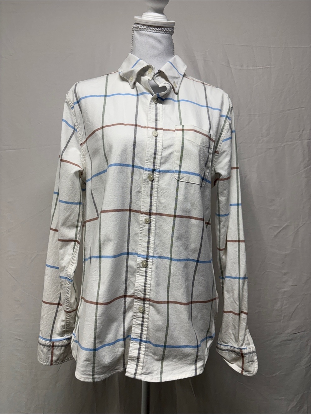 Men's White Windowpane Button-Down Shirt with Blue, Brown & Green Lines